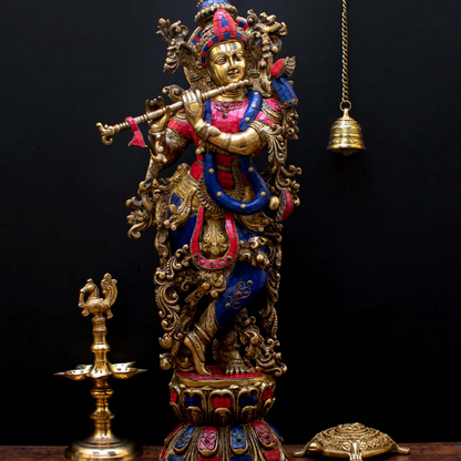 Brass Large Krishna Statue with Stonework 29" by StatueStudio by StatueStudio - Hindu Gods (View 2)