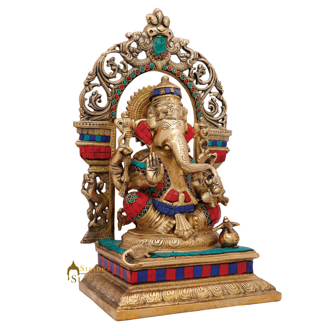 Indian Brass Inlay Hindu God Ganpati Idol Large Ganesha Home Décor Statue 16"