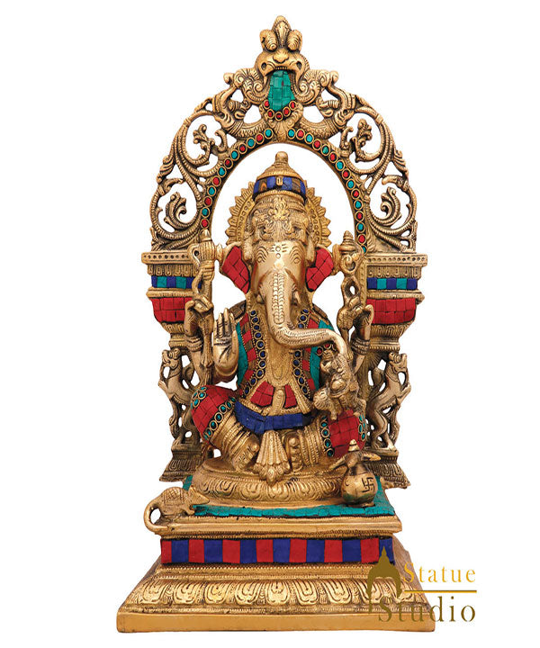 Indian Brass Inlay Hindu God Ganpati Idol Large Ganesha Home Décor Statue 16" - Eco-friendly - Sama Homes
