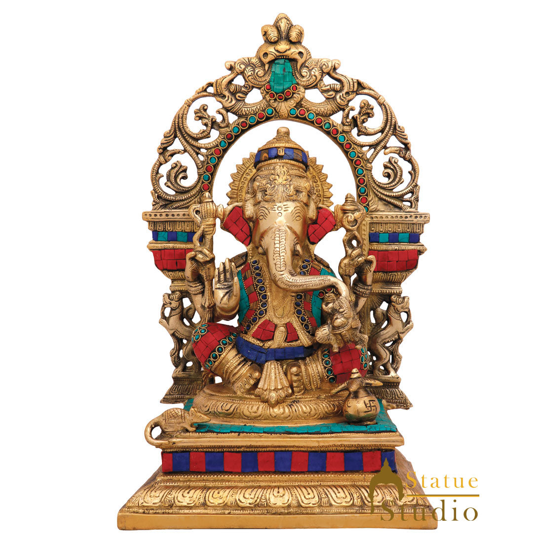 Indian Brass Inlay Hindu God Ganpati Idol Large Ganesha Home Décor Statue 16" - Image 2