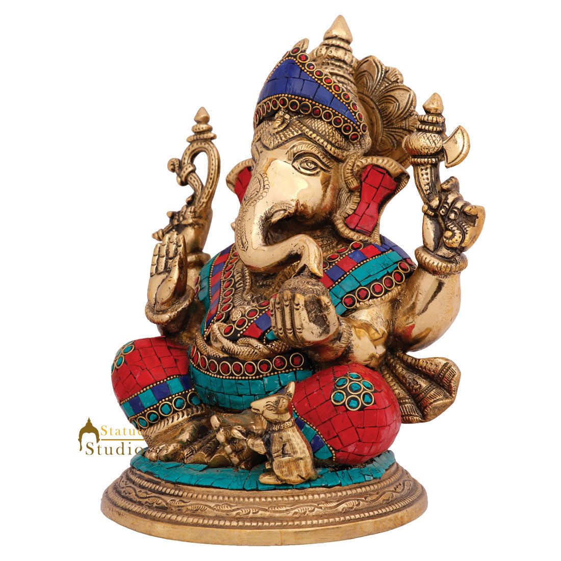 Indian Hindu Lucky Ganpati Vinayak Lambodar Ganesh Idol Décor Inlay Statue 12"