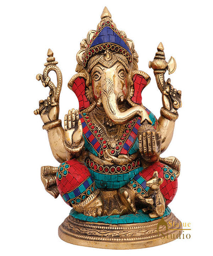 Indian Hindu Lucky Ganpati Vinayak Lambodar Ganesh Idol Décor Inlay Statue 12" by vendor-unknown - Hindu Gods