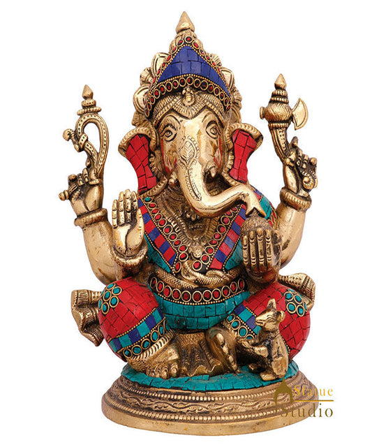 Indian Hindu Lucky Ganpati Vinayak Lambodar Ganesh Idol Décor Inlay Statue 12"