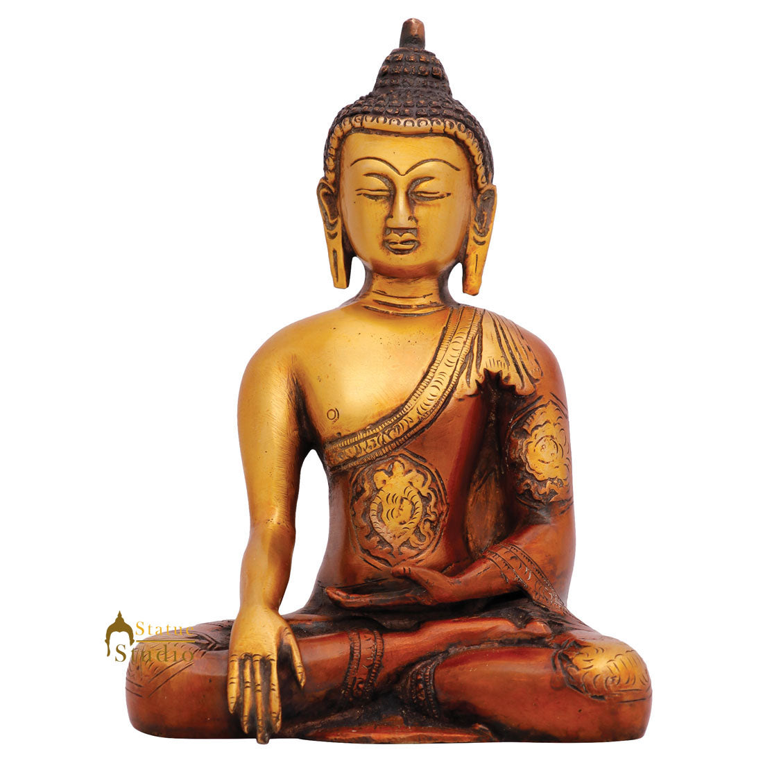 Indian Brass Mini Earth Touching Buddha Idol Décor Statue Small Gift Item 7" - Eco-friendly - Sama Homes
