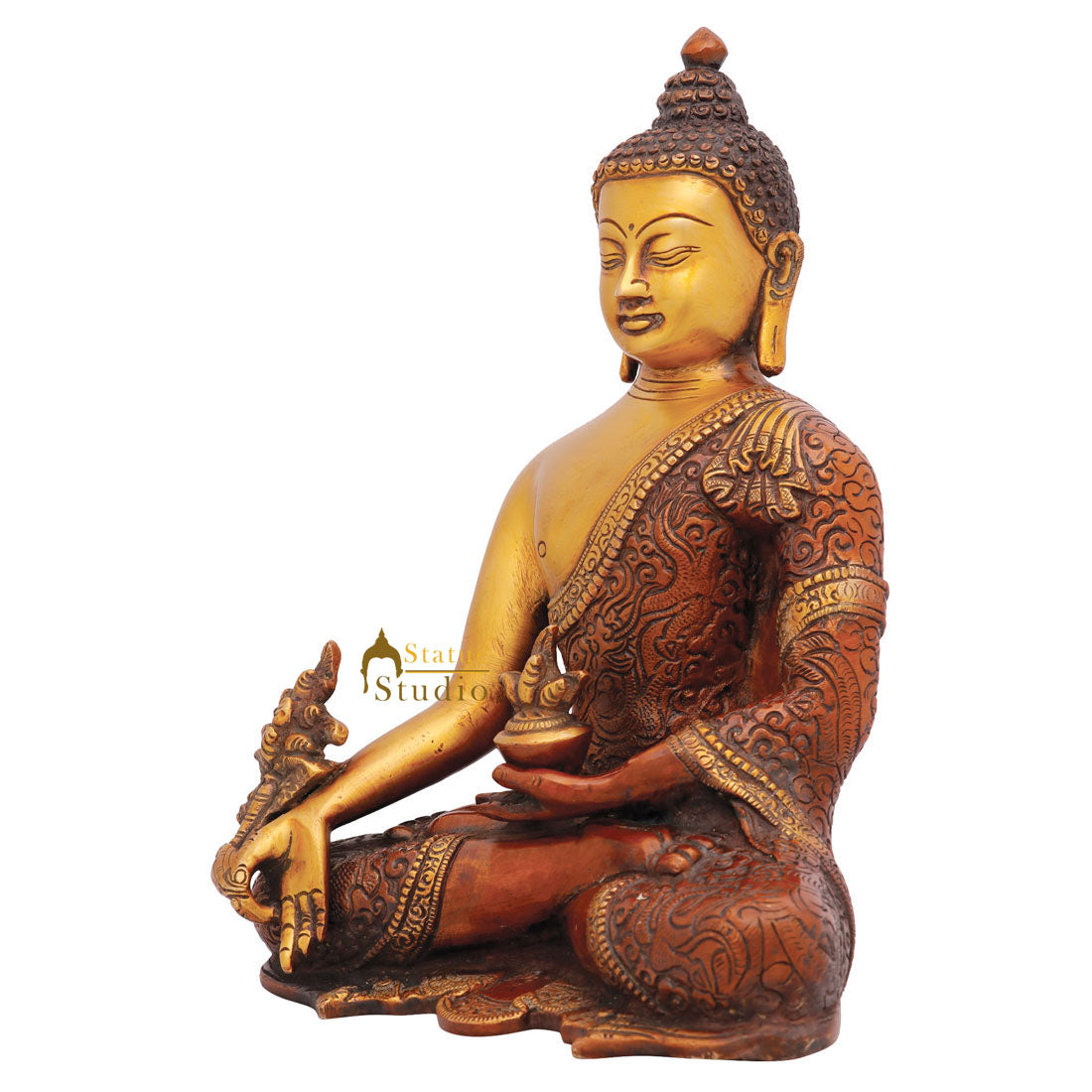 Metal Hand Crafted Carved Medicine Buddha Statue Fine Décor Gift Showpiece 10" - Image 3