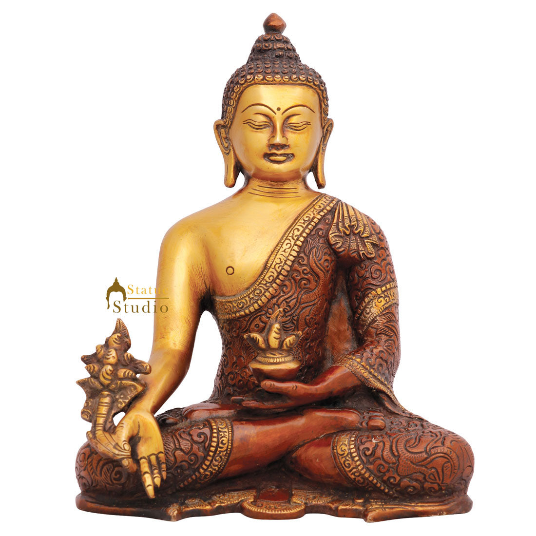Metal Hand Crafted Carved Medicine Buddha Statue Fine Décor Gift Showpiece 10"