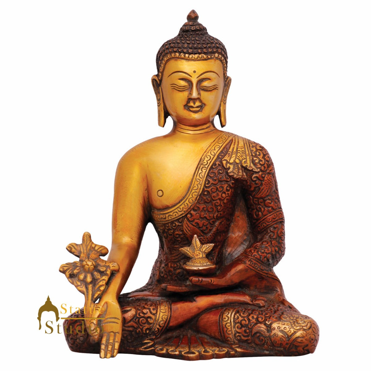 Metal Hand Crafted Carved Medicine Buddha Statue Fine Décor Gift Showpiece 8"