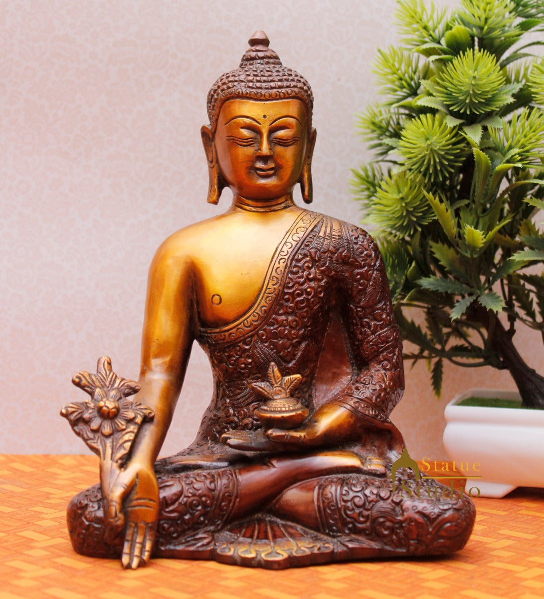 Metal Hand Crafted Carved Medicine Buddha Statue Fine Décor Gift Showpiece 8" - Image 2