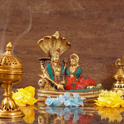 Brass Lord Vishnu Laxmi Statue Under Serpent For Home Decor 10" by vendor-unknown - Hindu Gods