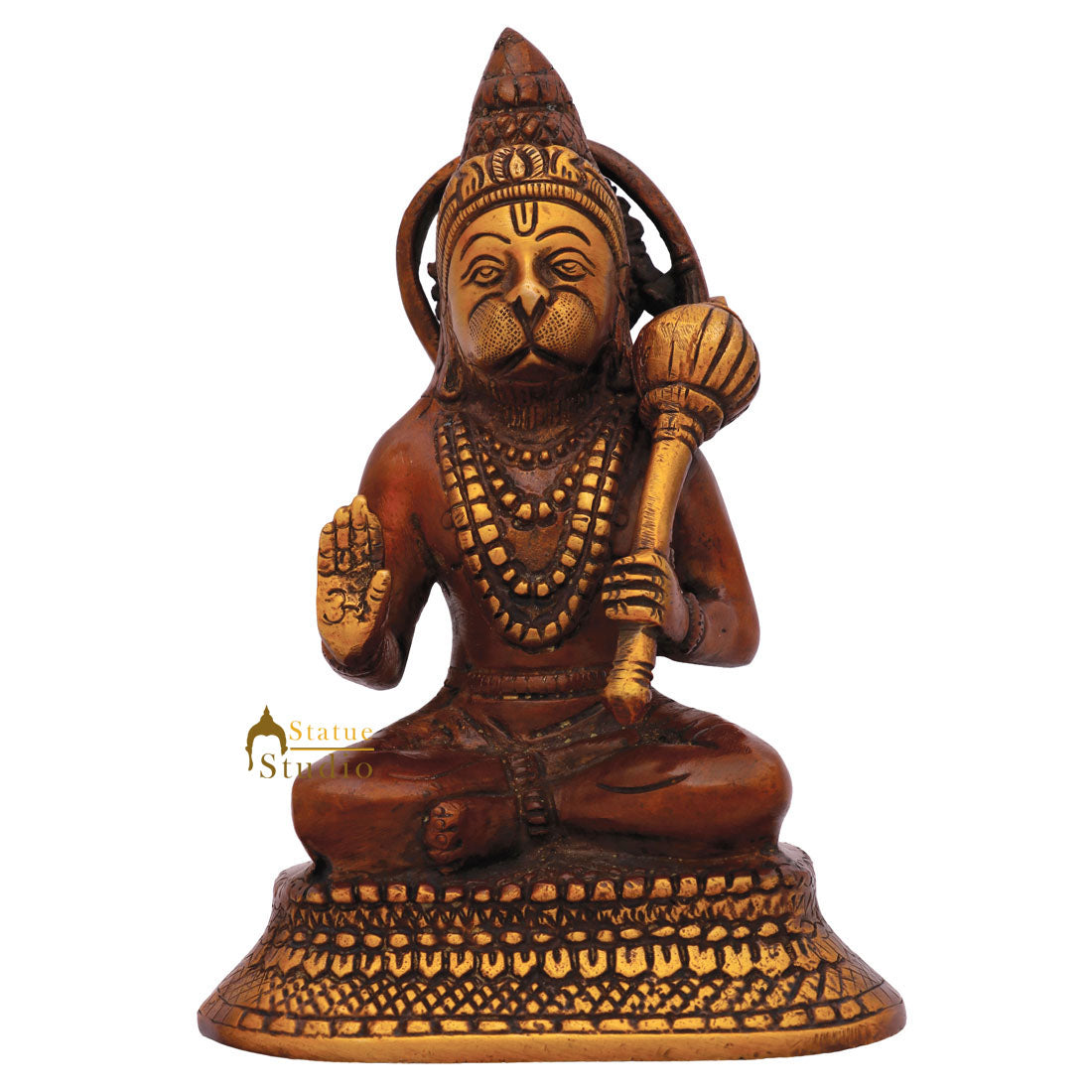 Brass Sitting Hanuman Idol Antique Finish For Home Decor Showpiece 6"