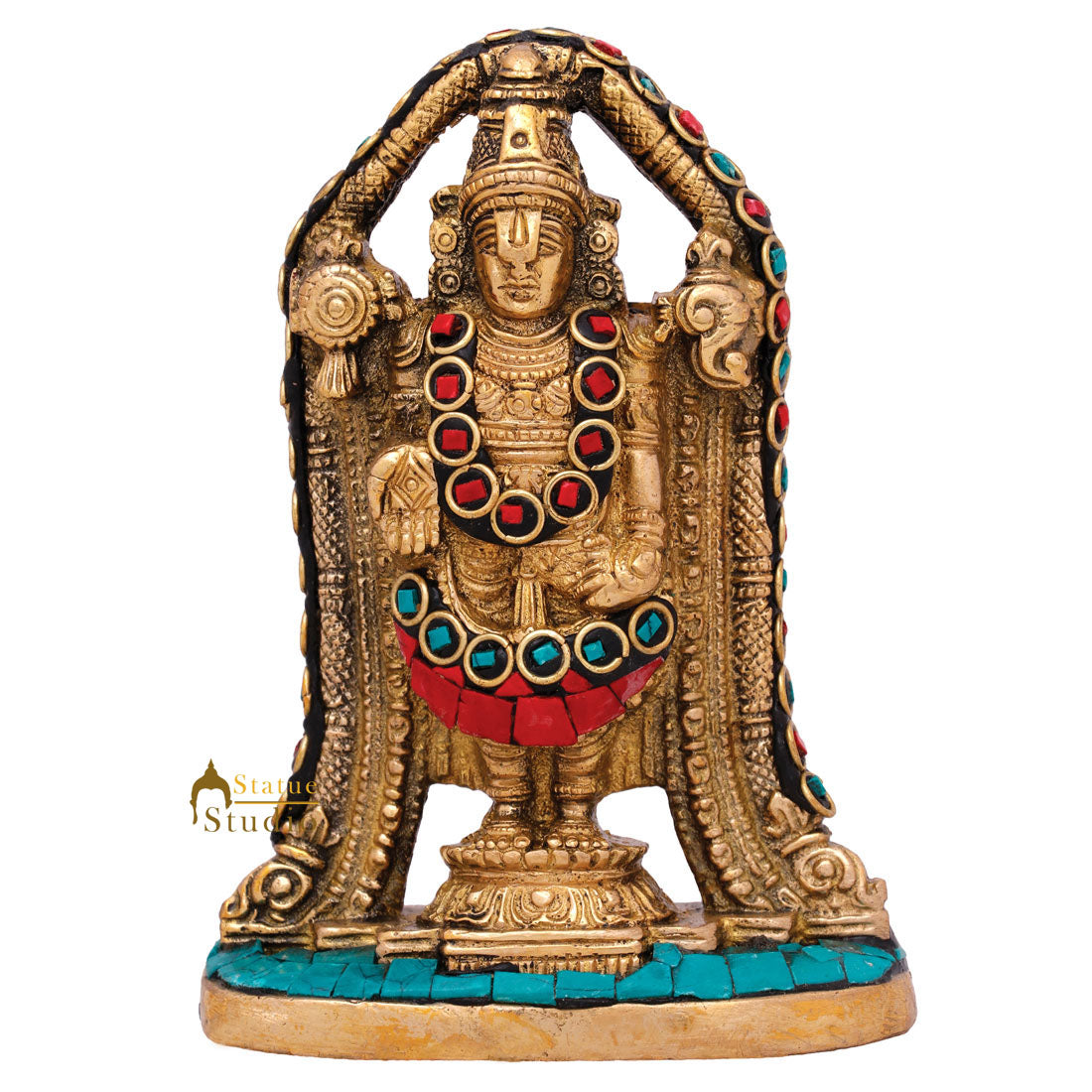 Indian Brass Tirupathi Balaji Small Inlay Idol Temple Puja Décor Murti Statue 4"