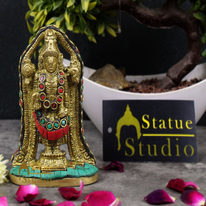Indian Brass Tirupathi Balaji Small Inlay Idol Temple Puja Décor Murti Statue 4" by vendor-unknown - Hindu Gods