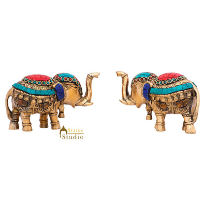 Indian Brass Small Mini Feng Shui Vastu Home Décor Elephant Pair Inlay Statue 3" by vendor-unknown - Decor (View 3)
