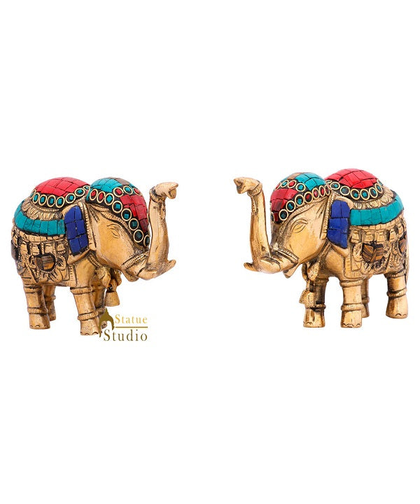 Indian Brass Small Mini Feng Shui Vastu Home Décor Elephant Pair Inlay Statue 3" - Image 2