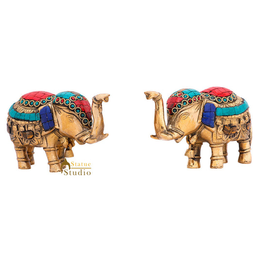 Indian Brass Small Mini Feng Shui Vastu Home Décor Elephant Pair Inlay Statue 3"