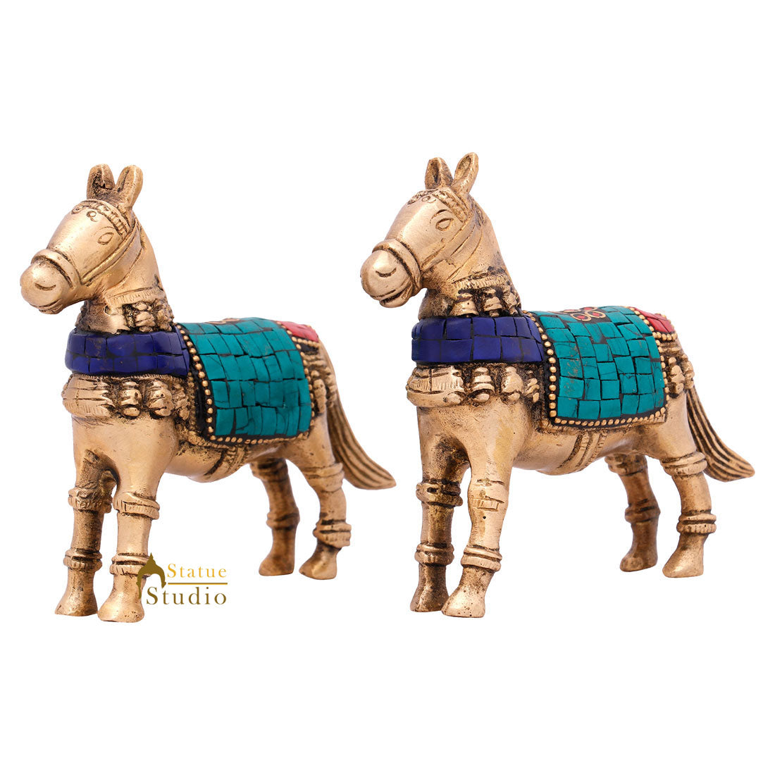 Indian Brass Small Mini Feng Shui Vastu Home Décor Horse Pair Inlay Statue 3"