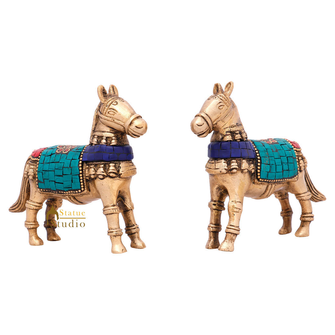 Indian Brass Small Mini Feng Shui Vastu Home Décor Horse Pair Inlay Statue 3" - Eco-friendly - Sama Homes
