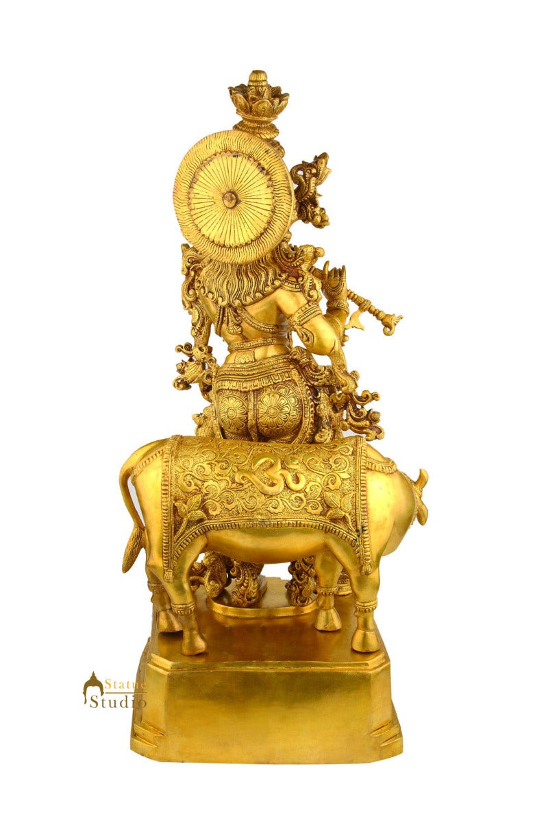 Large Size Indian God Shri Krishna With Cow Religious Décor Statue Idol 28" - Image 4