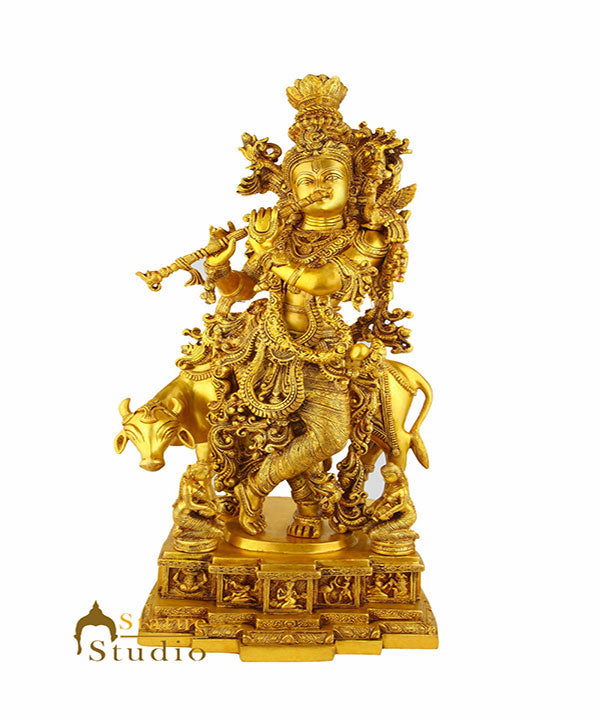 Large Size Indian God Shri Krishna With Cow Religious Décor Statue Idol 28" - Eco-friendly - Sama Homes