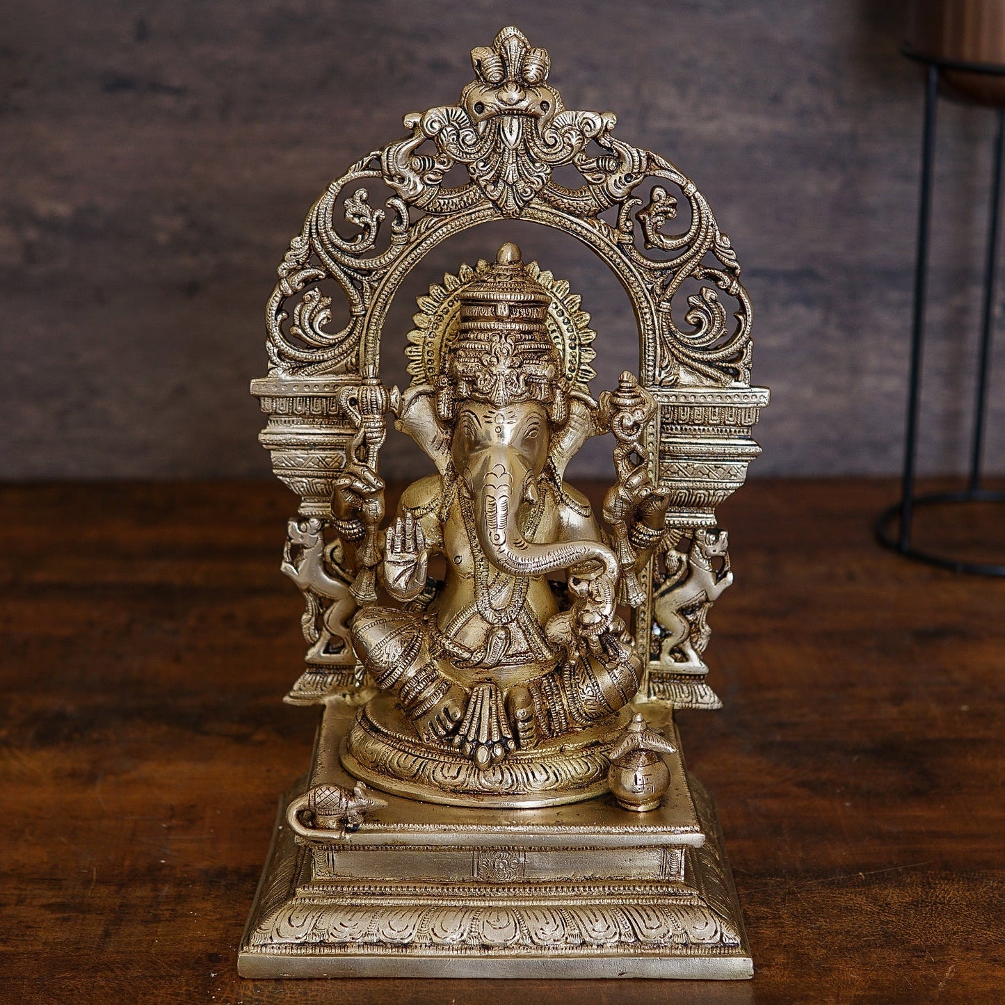 Brass Ganesha Statue With Temple Arch For Home Mandir Decor 16"