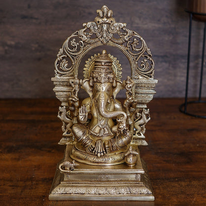 Brass Ganesha Statue With Temple Arch For Home Mandir Decor 16" by vendor-unknown - Hindu Gods