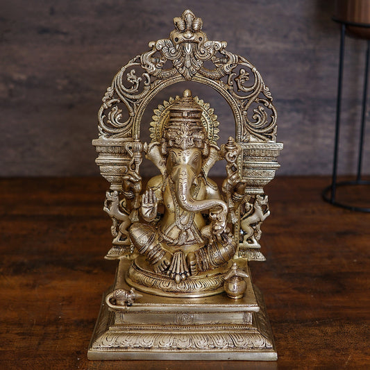 Brass Ganesha Statue With Temple Arch For Home Mandir Decor 16"