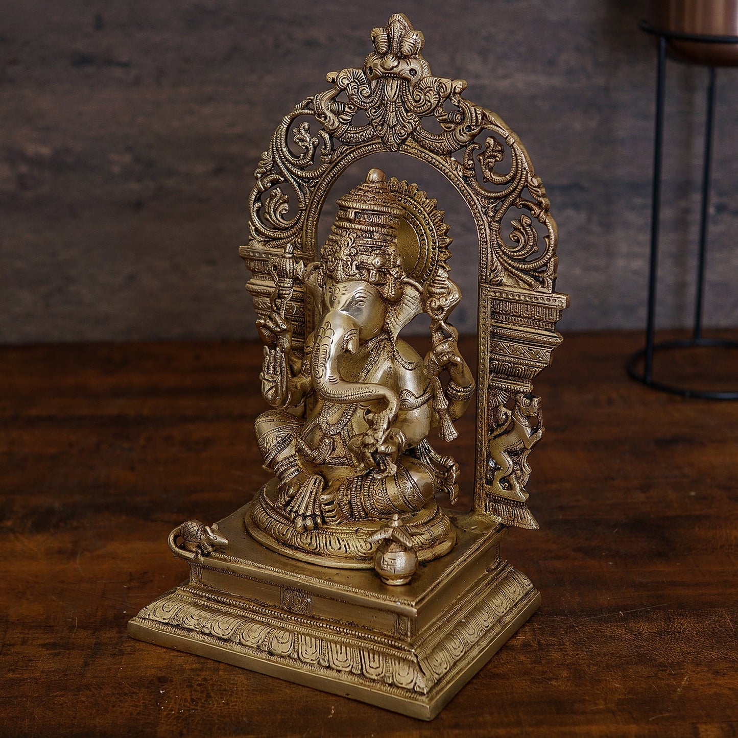 Brass Ganesha Statue With Temple Arch For Home Mandir Decor 16"