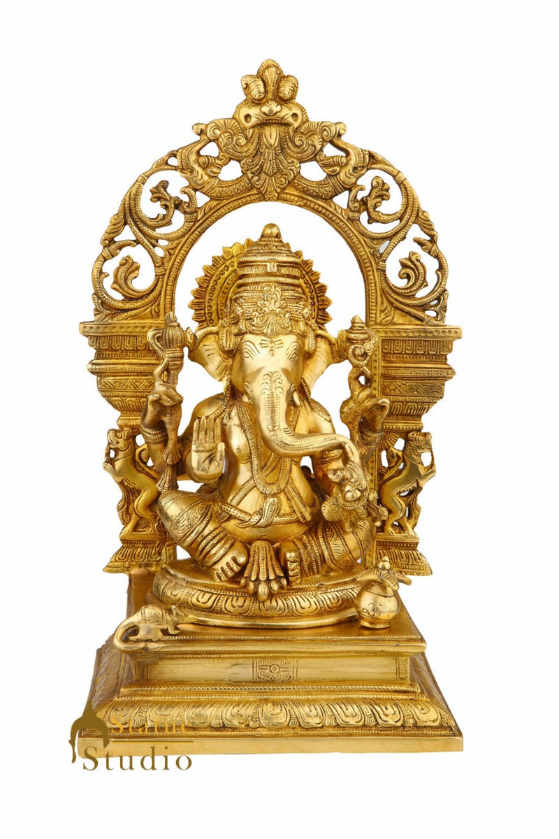 Brass Ganesha Statue With Temple Arch For Home Mandir Decor 16" - Image 4
