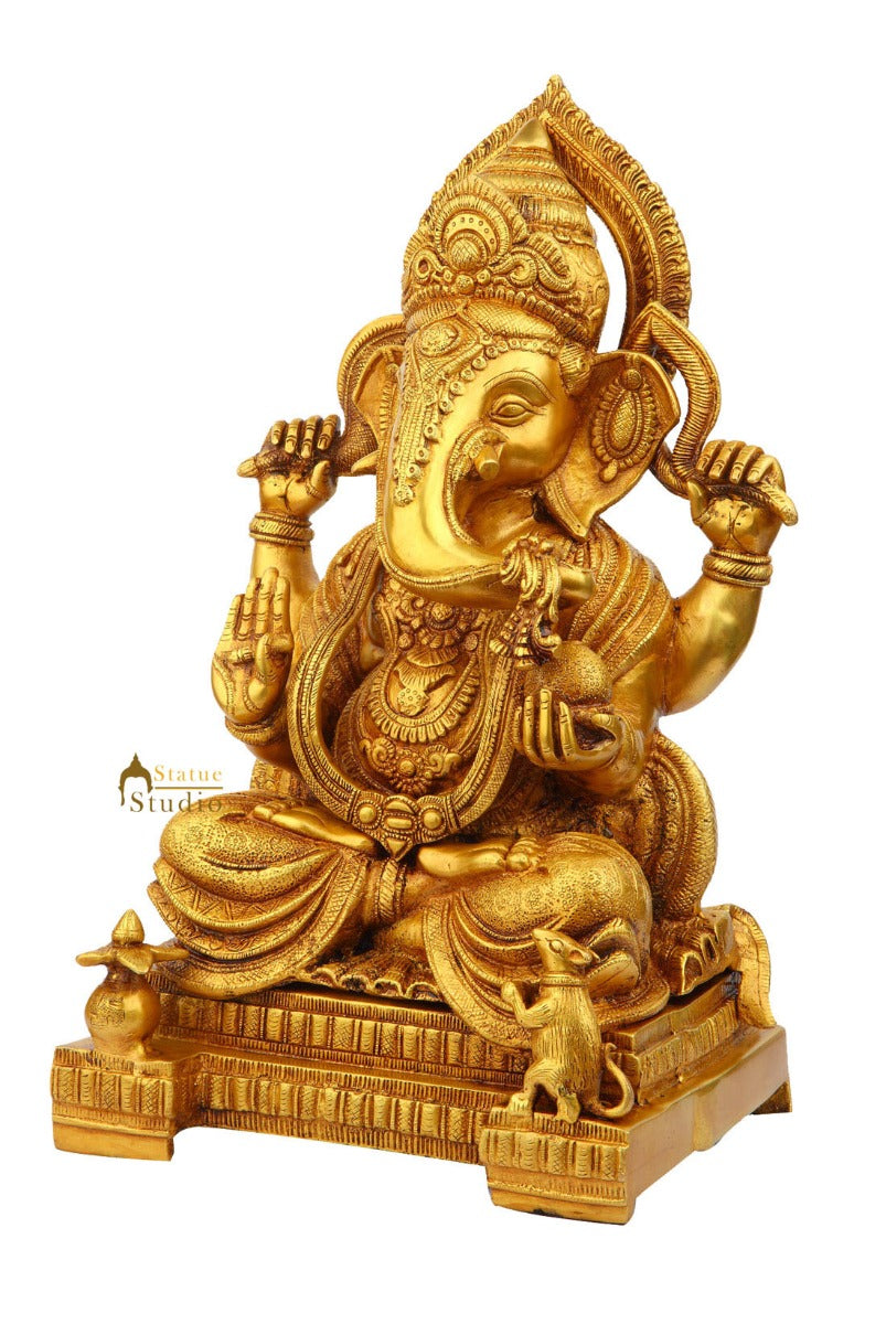 Brass Large Ganesha Idol Sitting On Pedestal Finely Crafted For Home Décor 1.5 Feet