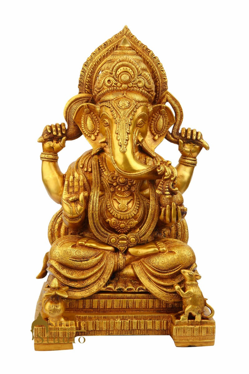 Brass Large Ganesha Idol Sitting On Pedestal Finely Crafted For Home Décor 1.5 Feet