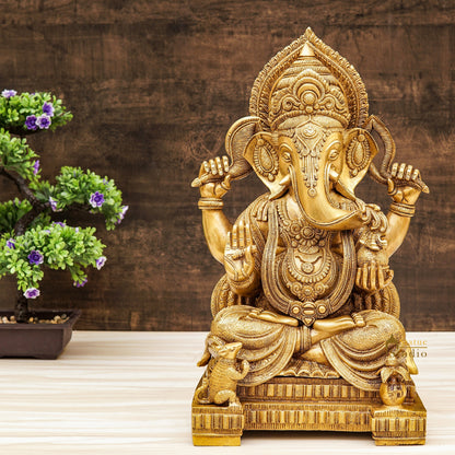 Brass Large Ganesha Idol Sitting On Pedestal Finely Crafted For Home Décor 1.5 Feet by vendor-unknown - Hindu Gods