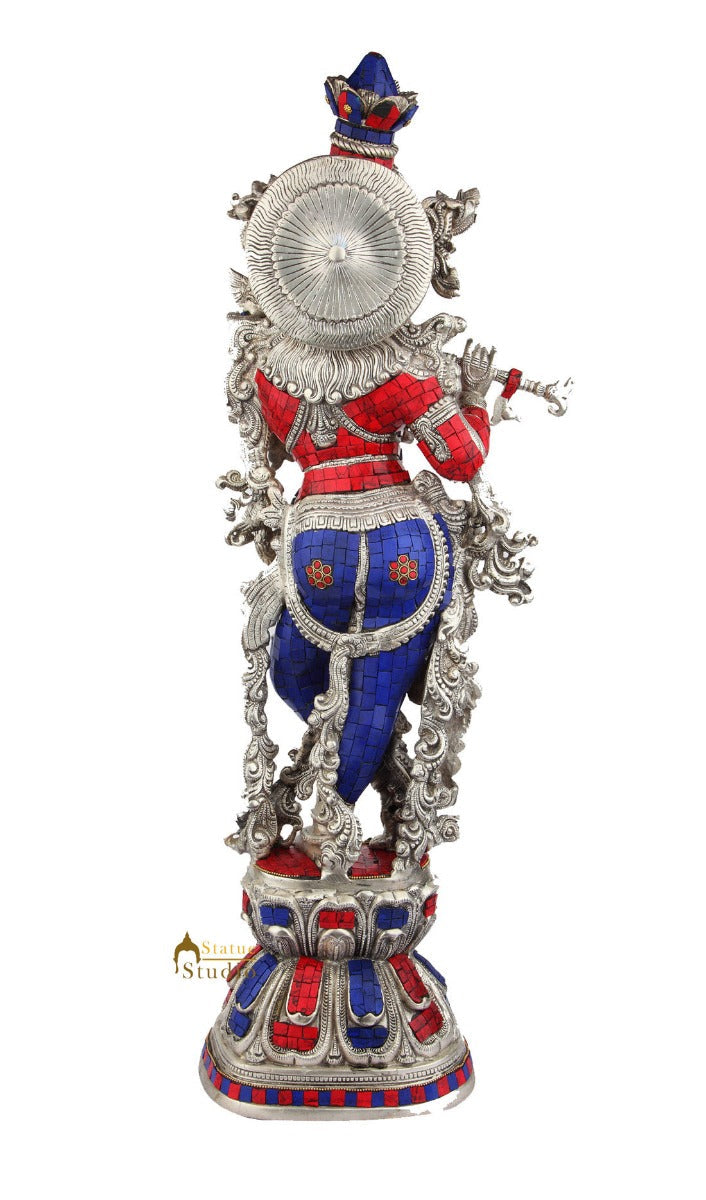 Brass Handicraft Standing Lord Krishna Statue Décor Inlay Showpiece Idol 29" - Image 4