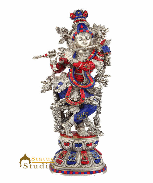 Brass Handicraft Standing Lord Krishna Statue Décor Inlay Showpiece Idol 29" - Eco-friendly - Sama Homes