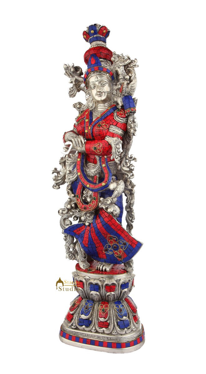 Brass Handicraft Standing Goddess Radha Statue Décor Inlay Showpiece Idol 29"