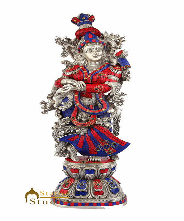 Brass Handicraft Standing Goddess Radha Statue Décor Inlay Showpiece Idol 29" - Eco-friendly - Sama Homes