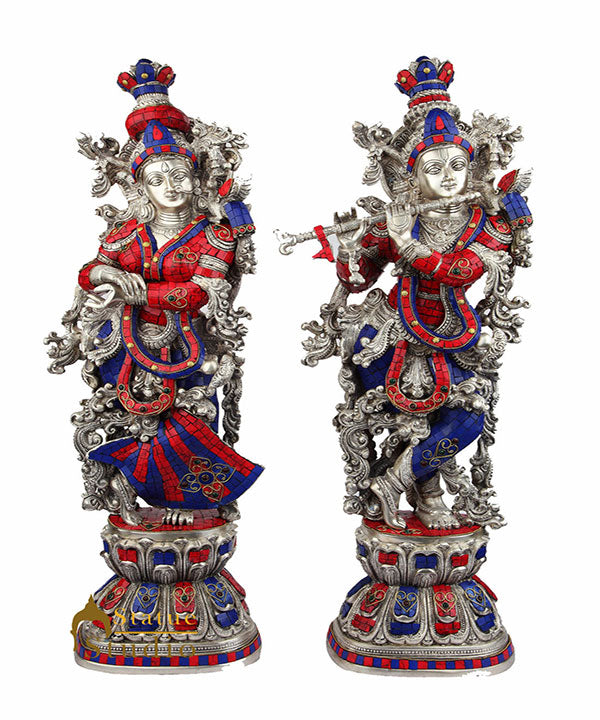 Brass Handicraft Standing Radha Krishna Statue Décor Inlay Showpiece Idol 29" - Eco-friendly - Sama Homes