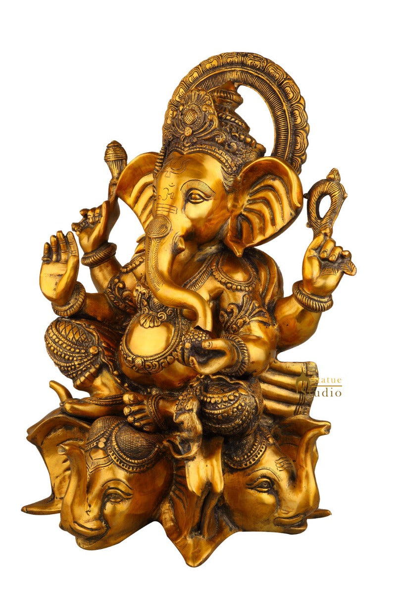 Antique Ganesha Idol Ganpati Sitting On Elephant Trunk Décor Gift Statue 20" - Image 3