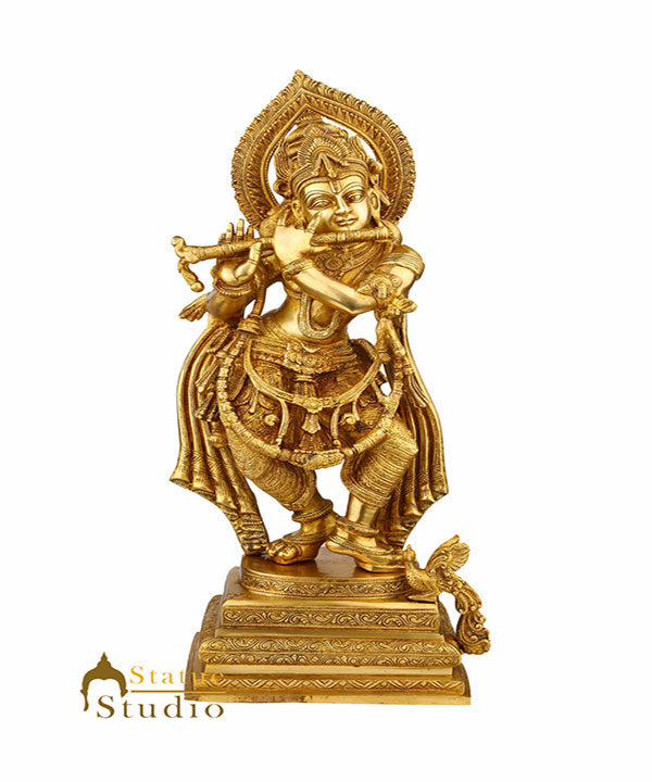 Brass Hindu God Murli Krishna Fluting Large Décor Statue Big Religious 2 ft Idol