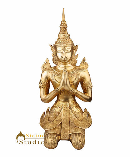 Indian Brass Chinese Look Welcome Décor Namaskar Lady Showpiece on Knees 22" by vendor-unknown - Decor