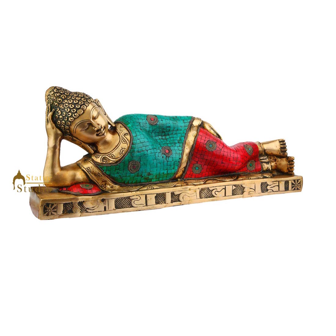 Indian Large Turquoise Coral Finish Sleeping Buddha Living Room Décor Statue 20" - Image 3