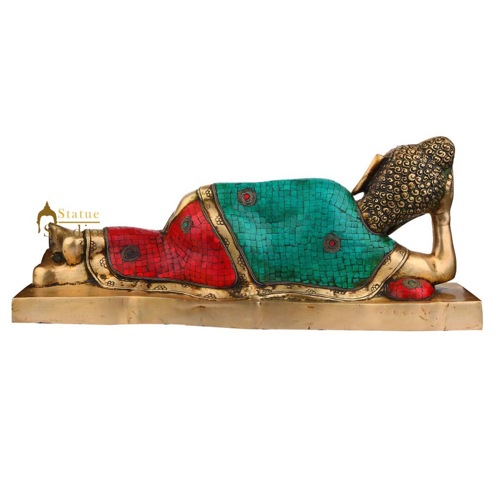 Indian Large Turquoise Coral Finish Sleeping Buddha Living Room Décor Statue 20" - Image 4