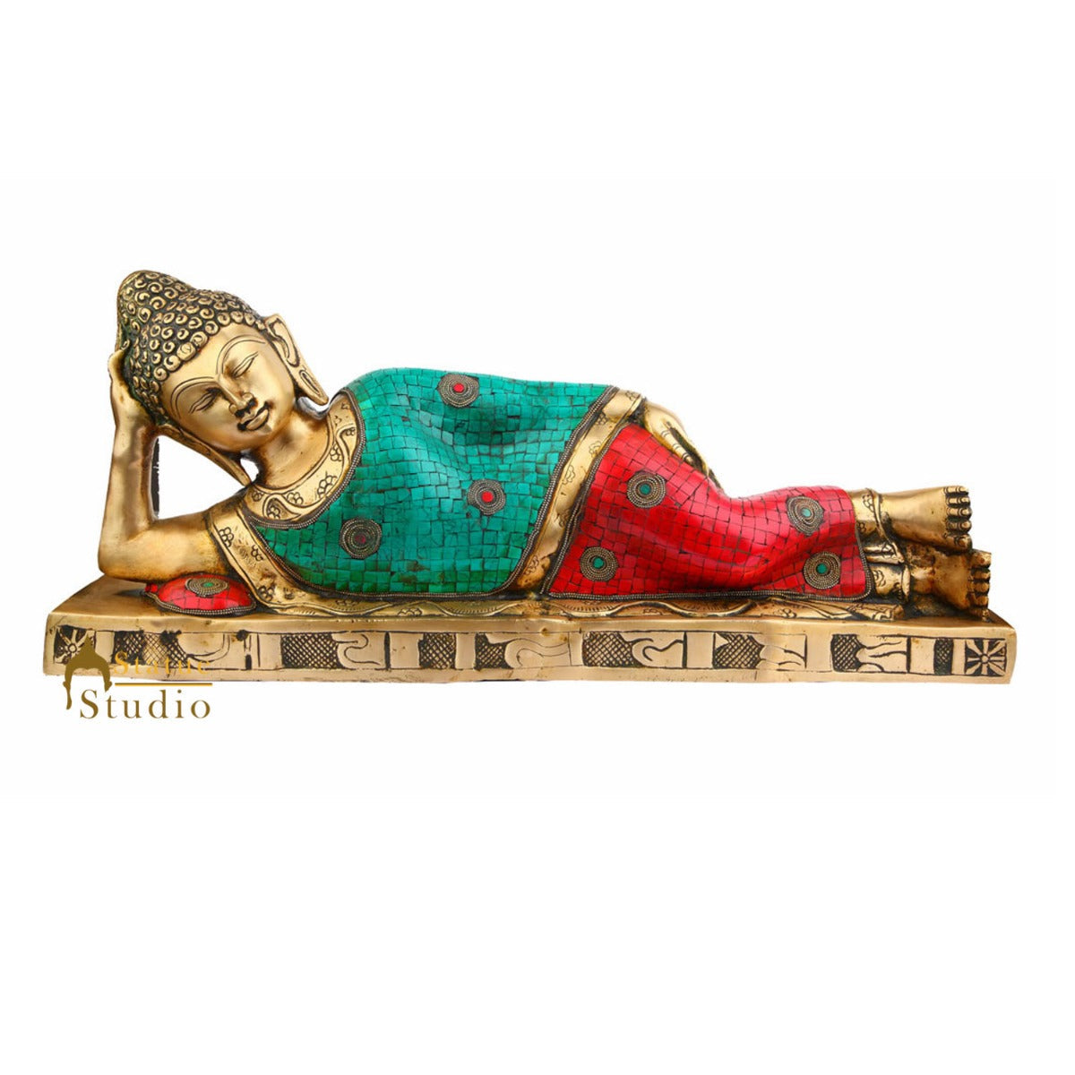 Indian Large Turquoise Coral Finish Sleeping Buddha Living Room Décor Statue 20" - Image 2