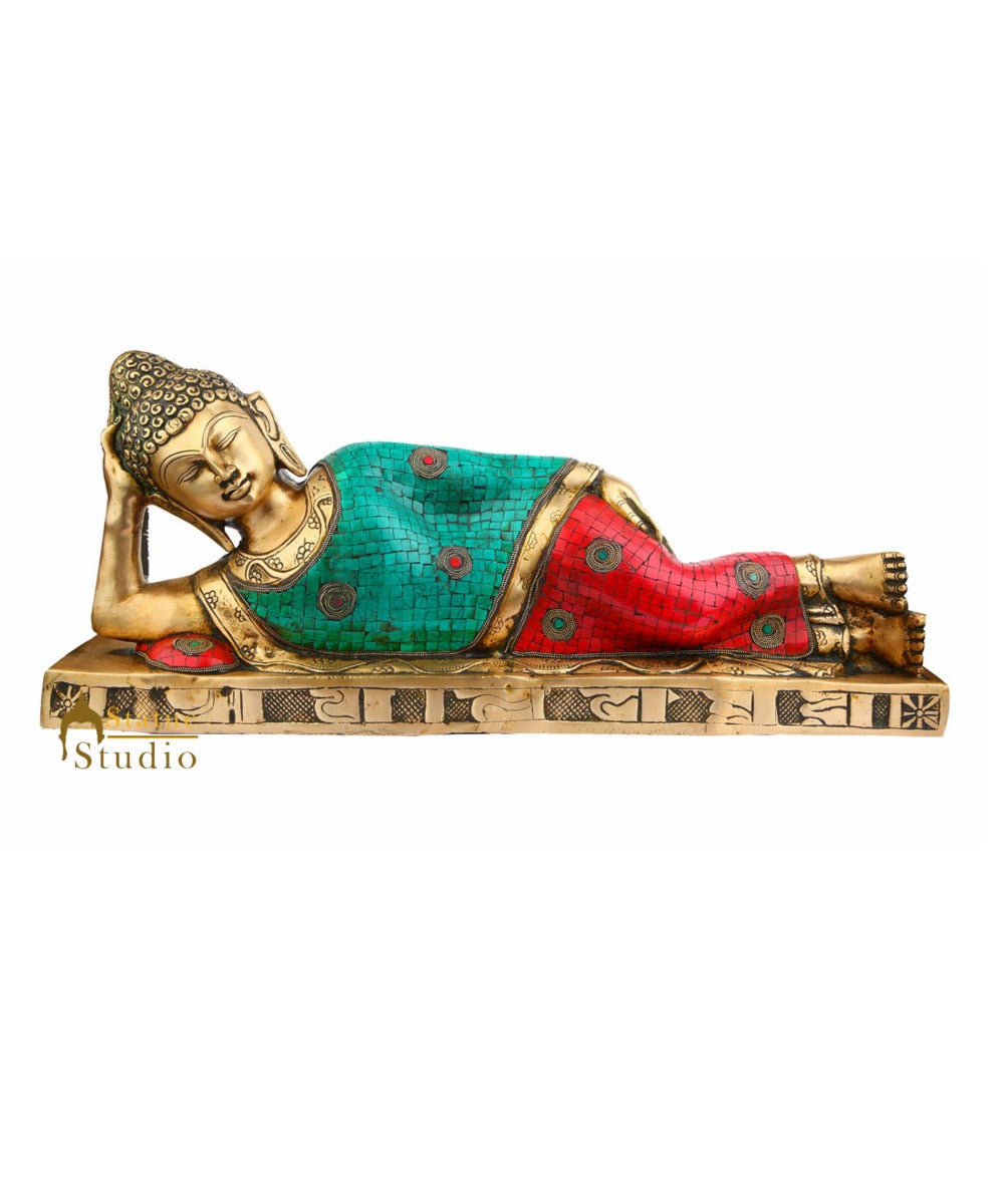 Indian Large Turquoise Coral Finish Sleeping Buddha Living Room Décor Statue 20"