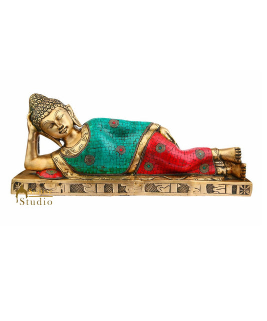 Indian Large Turquoise Coral Finish Sleeping Buddha Living Room Décor Statue 20"