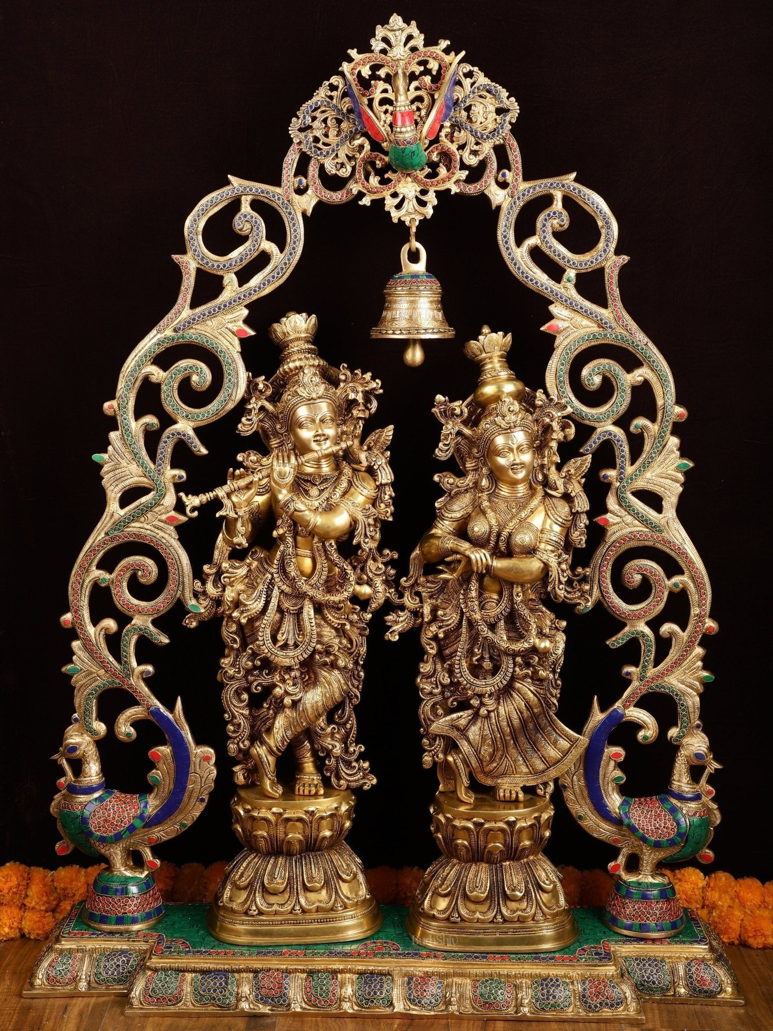 45" Contrasted Majestic Brass Radha Krishna with Peacock Temple Arch | 100% Certified Copper & Brass - Sama Homes Idol - Brass Sculpture - Eco-friendly - Sama Homes