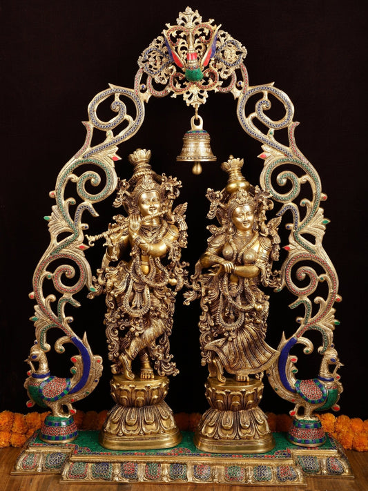 45" Contrasted Majestic Brass Radha Krishna with Peacock Temple Arch | 100% Certified Copper & Brass - Sama Homes Idol - Brass Sculpture