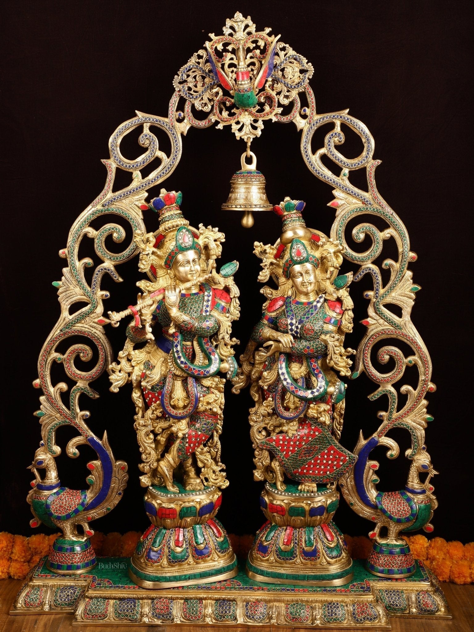 45" Outstanding Brass Radha Krishna with Peacock Temple Arch Meenakari Marvel | 100% Certified Copper & Brass - Sama Homes Idol - Brass Sculpture - Eco-friendly - Sama Homes