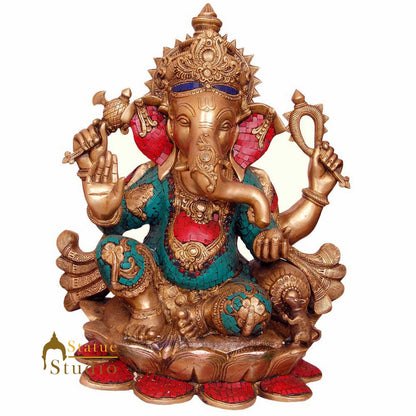 Elegant Large Size Ganpat Décor Idol On Lotus Ganesh Hindu God Statue Inlay 21" by vendor-unknown - Hindu Gods (View 2)