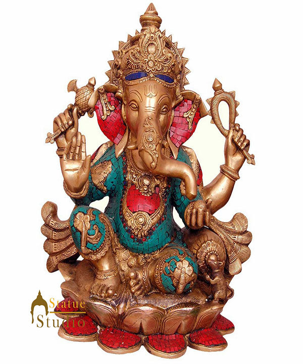 Elegant Large Size Ganpat Décor Idol On Lotus Ganesh Hindu God Statue Inlay 21"