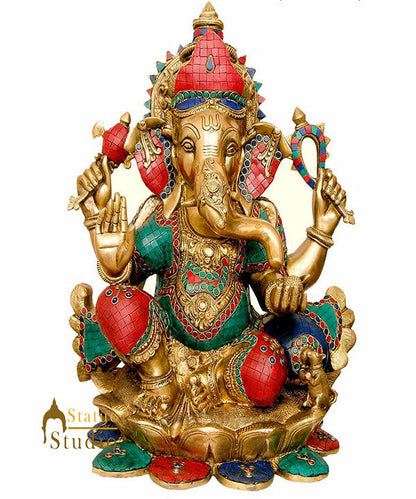 Indian Large Size Ganpat Décor Idol On Lotus Ganesh Hindu God Statue Inlay 21" by vendor-unknown - Hindu Gods